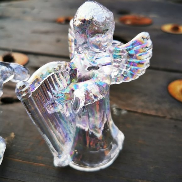 Pair of Iridescent Glass Angels Cherubs Playing Instruments Candle Holders - Picture 3 of 16